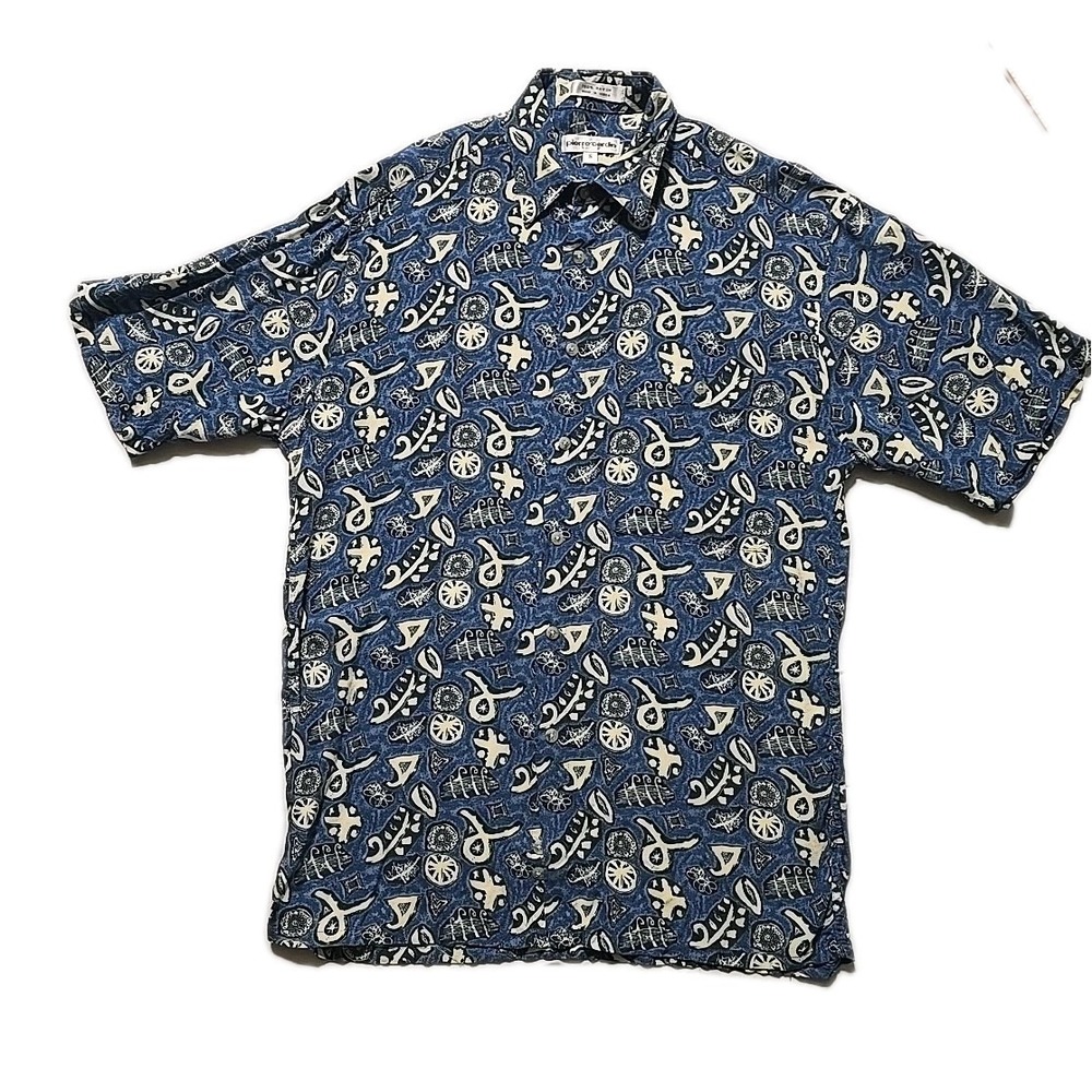 Vintage Pierre Cardian Men Small Blue Art Button Down Rayon Short Sleeve Shirt